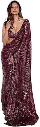 Women Bollywood Georgette Style Heavy Sequins Saree With Sequins Embordiary Blouse Piece