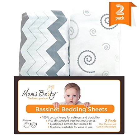 Bassinet Sheet Set - 2 Pack Jersey Cotton Fitted Sheets - Grey/White Unisex Baby Bedding Design