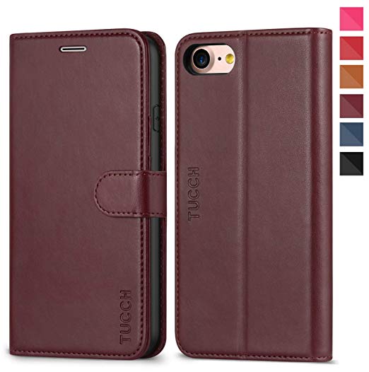 iPhone 8 Case, TUCCH Premium iPhone 7 Leather Folio Case [Wallet Function] [Magnetic Closure] Flip Book Style Multiple Card Slots TPU Shockproof Protective Case Compatible with iPhone 7/8 - Wine Red