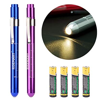 RISEMART LED Penlight Medical Reusable Healthcare Pen Light with Pupil Gauge for Nurses Doctors Warm White 2PCS(Purple & Blue)