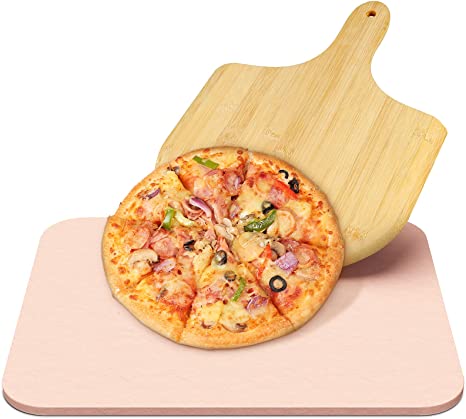 RegeMoudal Pizza Oven Pizza Stone Baking Stone, Outdoor Grill Pizza Baking Stone, Bamboo Pizza Peel Paddle, Can Make Pizza, Pies, Bread and Biscuits,15"×12"×0.39",6.6Lbs (15.25"×12.25"×0.35")