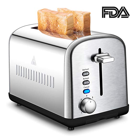 Toasters 2 Slice Extra Wide Slot Brushed Stainless Steel, Two Slice Silver Bread Toaster Compact with Removable Crumb Tray, Defrost/Reheat/Cancel Function, 7 Browning Setting (K012)
