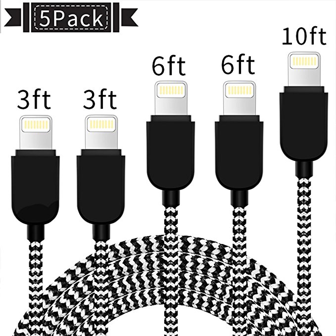 SANYEYE Iphone Charger 5 Pack [3/3/6/6/10 FT] Lighting Cable Extra Long Nylon Braided USB Charging & Syncing Cord Charger for IPhone X/8/8Plus/7/7Plus/6S/6S Plus/SE/iPad/Nan and more(Black and White)