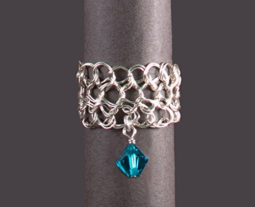 Blue Zircon Sterling Silver Wire Crochet Ring, Size 10 // Filigree Lace With Custom Birthstone Crystal and Semiprecious Gemstone Dangle