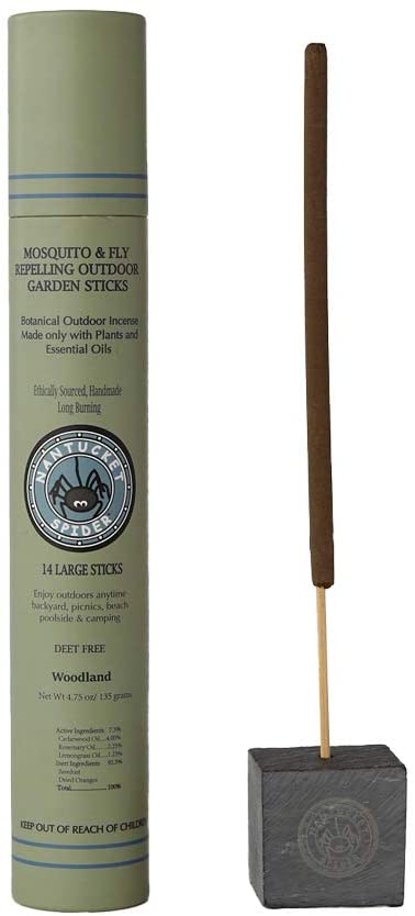 Nantucket Spider Bundle | Garden Repellent Sticks 14 Pack and Incense Stick Holder | Repels Mosquitoes, Wasps & Flies | Long Lasting | Soapstone Block, Handmade Bamboo Based Sticks | Woodland