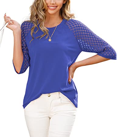 JINKESI Women's Summer Round Neck 3/4 Sleeve Blouse Casual Lace Tops T Shirts