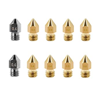 Creality 3D Printer 0.2mm, 0.3mm, 0.4mm, 0.5mm, 0.6mm MK8 Brass Nozzles and Hardened Steel Extruder Nozzles Kit for Ender 3 Series and CR-10 Series [10 Pcs]