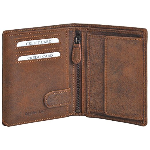 Mens Wallets by DiLoro Italy Bifold Flip ID Leather Wallet Vertical Slots Coin and Zip Compartment RFID Blocking