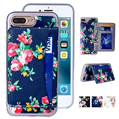 iPhone 7 Plus Case, iPhone 7 Plus Wallet Case, Premium PU Leather Flower Floral Back Folio Flip Wallet Cases Magnetic Holster Phone Case for iPhone 7 Plus (5.5'') with stand, Card Slots-Navy Blue&Red