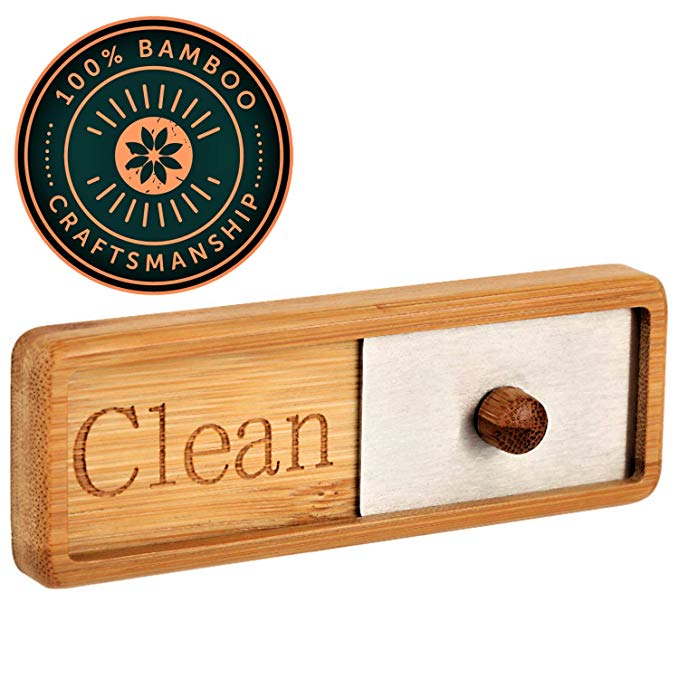 TEYGA Bamboo Dishwasher Magnet - Unique Clean / Dirty Shutter Sign with Brushed Stainless Steel Gliding Window - Position on Dishwashing Machine with No-Scratch Strong Magnets or 2-Sided Tape Included