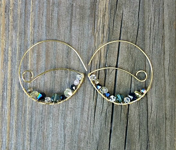Paisley Hoop Earrings, Gold Hammered Wire Hoops, Gold Chandelier Earrings, Wire Wrapped Crystal Hoop Earrings