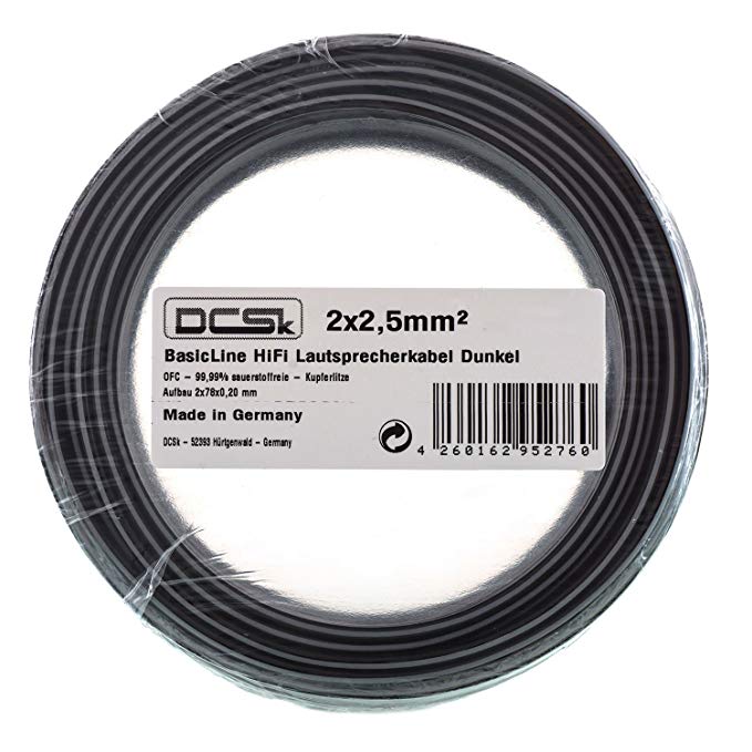 DCSk - 30m - 2 x 2.5mm² - Black Speaker Cable - German Made OFC Copper Speaker Wire for HiFi or Car Audio - AWG 14 Role - 99.99% Insulated Speaker Cable