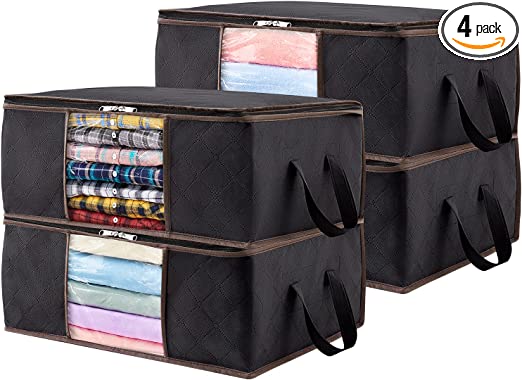 Lifewit 4-Pack Clothes Storage Bag, Foldable Storage Bins Closet Organizer with Reinforced Handle, Storage Containers With Sturdy Fabric Clear Window for Towel, Sweater, T-shirts, Toys, 35L, Black