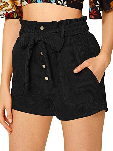 Susupeng Women Corduroy Paperbag Elastic Frill Tie Waist Belted Button Front Straight Leg Shorts with Pockets
