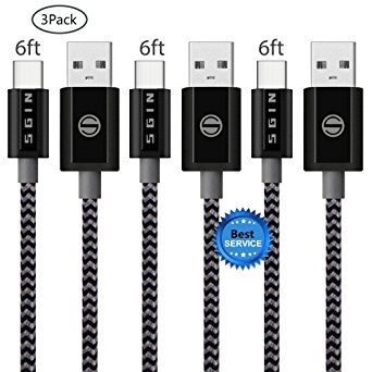 USB Type C Cable SGIN, 3Pack 6FT USB C Nylon Braided Cord Certified to Type C Charging Charger for Samsung Galaxy S8  , Google Pixel, LG G6 V20 G5, Nintendo Switch, New Macbook - BlackGrey