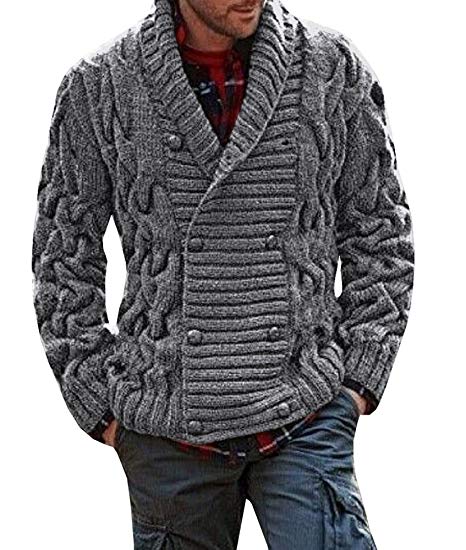 Mens Casual Cable Knit Shawl Collar Cardigan Solid Color Slim Fit Pullover Irish Knitted Sweater Knitwear