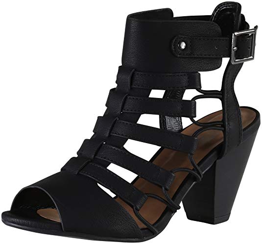Cambridge Select Women's Open Toe Gladiator Caged Cutout Buckled Ankle Strap Chunky Tapered Heel Ankle Bootie