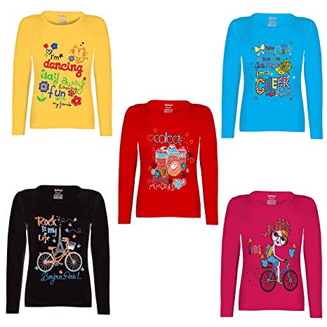Kiddeo Girl's Cotton Full Sleeve T-Shirts - Pack of 5