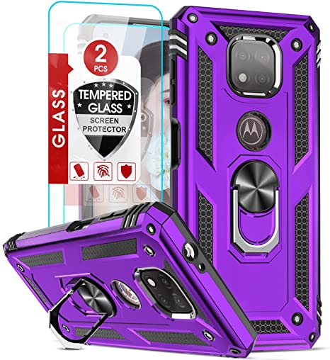 Motorola Moto G Power 2021 Case with [2 Pack] Tempered Glass Screen Protector, LeYi [Military-Grade] Shockproof Protective Phone Cover with Ring Kickstand for Moto G Power 2021 (Not Fit 2020), Purple