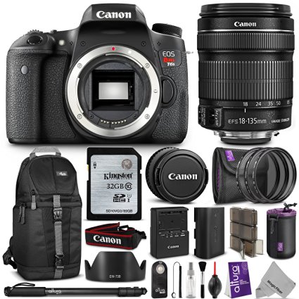 Canon EOS Rebel T6s Digital SLR Camera w/ EF-S 18-135mm f/3.5-5.6 IS STM Lens w/ Advanced Bundle - Includes: Sling Backpack, Monopod, UV-CPL-ND4, Lens Pouch, Remote Control, Dedicated Lens Hood, Kingston 32GB SD Card, Camera Cleaning Set