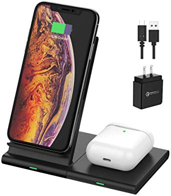 UMTELE Wireless Charger Duo 2 in 1 Qi-Certified Magnetic Fast Charging Stand & Dock Compatible for iPhone Xs Max/XR/X,Samsung Galaxy S10/S10 /S10e,Galaxy Watch 42&46mm/Active,Galaxy Buds,AirPods
