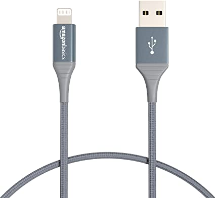 AmazonBasics Double Braided Nylon Lightning to USB Cable - Advanced Collection, MFi Certified iPhone Charger, Dark Grey, 1-Foot