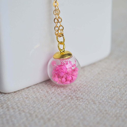 Pink Babysbreath Real Flower In Glass Ball 18K Gold Plated Necklace 17.7" Length