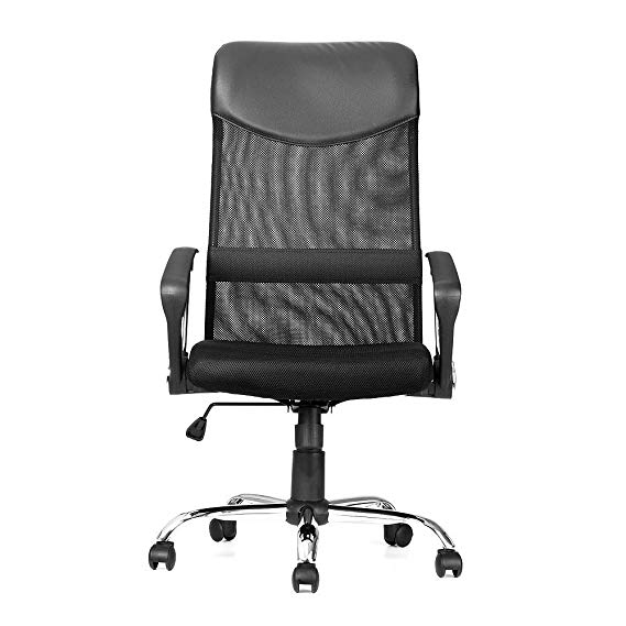 Moustache ® Adjustable High-Back Mesh & PU Leather Swivel Office Chair with Armrest, Task Computer Desk Basic Arm-rest Chair, Black