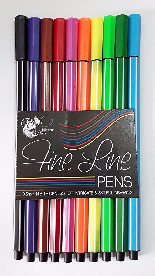 Fineliner Pens, 0.5mm nib, 10 Mixed Colours, by Chiltern Wove