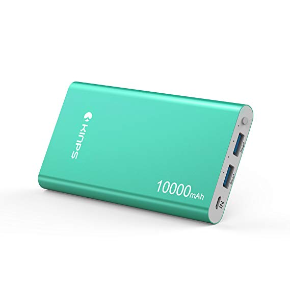 Kinps Portable Charger 10000mAh Dual Ports Aluminum Case Li-Polymer External Backup Battery Power Bank for Phones Tablets and More Devices