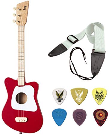 LOOG Mini Guitar for Children (Red) with GSA10WT Guitar Strap and Planet Waves Guitar Pick Assortment 6-Pack Bundle