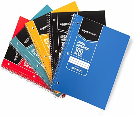 AmazonBasics Wide Ruled Wirebound Spiral Notebook, 100 Sheet, Assorted Solid Colors, 5-Pack