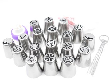 Pridebit NEW Russian Piping Tips - Cake/Cupcake Decorating Icing Tips - 18 Extra Large Stainless Steel Piping Tips, 1 XL Tri-color Coupler, 5 Cleaning Brushes, 5 Pastry Bags