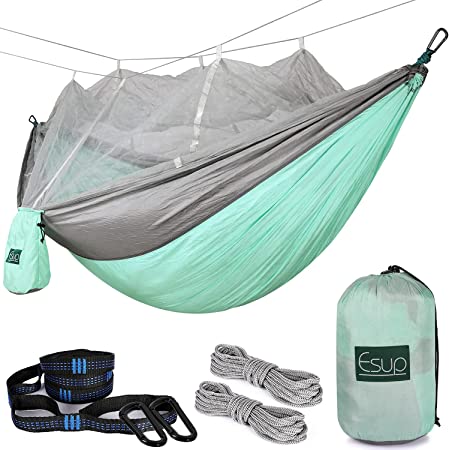 Esup Double Camping Hammock with Mosquito Net -Lightweight Nylon Portable Hammock, Best Parachute Hammock with Tree Straps for Backpacking, Camping, Travel (Green/Gray)