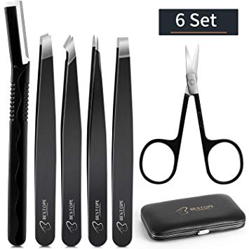 BESTOPE Tweezers Set 6-Piece, Eyebrow Tweezers Scissors Set with Stainless Steel Point Slant Flat Tip Tweeze and Eyebrow Razor and Scissors for Eyebrows Plucking, Facial Body / Ingrown Hair Removal-Packed in Leather Case