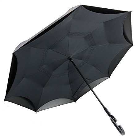 PFFY Inverted Umbrella Double Layer Windproof Reverse Folding Umbrella for Car and Outdoor UV Protection