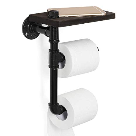 JS NOVA JUNS Industrial Paper Tower Holder, Toilet Roll Holder Wall Mount with Wood Shelf Storage, Black Electroplated Pipe Tissue Holder for Bathroom, Washroom, Double