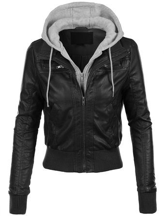 LE3NO Women's Zip Up Faux Leather Moto Jacket with Hoodie