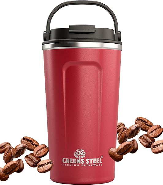 Reusable Coffee Cup with Lid and Handle - Stainless Steel Insulated Coffee Mug for Hot & Cold Drinks - Ideal Travel Mugs - 100% Leak-Proof Tumbler - 16 oz Red