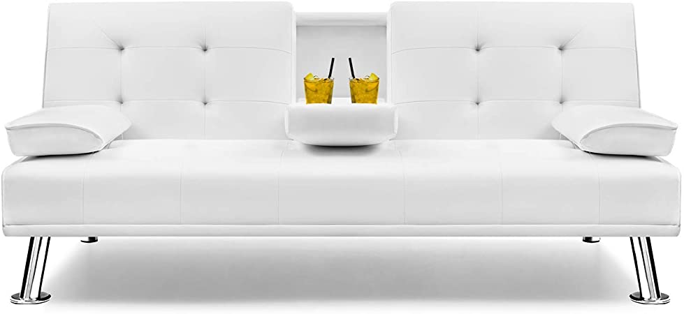 Flamaker Futon Sofa Bed Modern Faux Leather Couch, Convertible Folding Recliner Lounge Futon Couch for Living Room with 2 Cup Holders with Armrest (White)