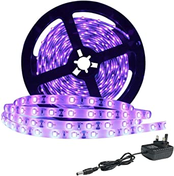 LightingWill 24 Watts UV Black Light LED Strip, 16.4FT/5M 3528 300LEDs 395nm-405nm Non-Waterproof Blacklight Night Fishing Sterilization Implicitly Party With 12V 2A Power Supply