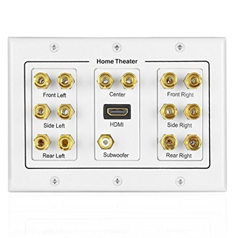 TNP Home Theater Speaker Wall Plate Outlet - 7.1 Surround Sound Audio Distribution Panel, Gold Plated Copper Banana Plug Binding Post Coupler, RCA LFE Jack for Subwoofer, HDMI Port UHD 4K HD (3-Gang)