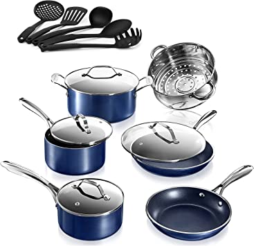 Granite Stone Blue Cookware Sets Nonstick Pots and Pans Set– 10pc Cookware Sets |  5 Piece Utensil Set| Cookware Pots and Pans for Cooking Pan Set | Granitestone Diamond Cookware Set Non Stick Pan Set