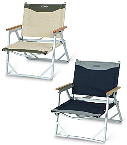 iClimb Ultralight Low Beach Concert Camping Folding Chair with Handle and Shoulder Strap (1 Beige   1 Navy)