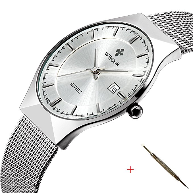 Tamlee Fashion Casual Brand Men's Quartz Watch Date Mesh Steel Strap Ultra Thin Dial Clock (White)