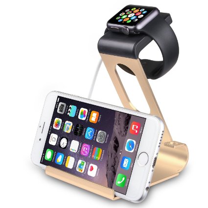 Apple Watch Stand SPARIN Aluminum Dual Stand Charge Station for Apple Watch and iPhone with Perfect Viewing Angle Fit All Apple Watch Models 38mm and 42mm With Premium Stylus Pen Gold