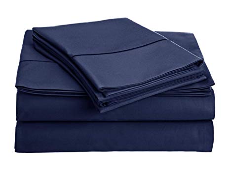 Audley Home 100% Egyptian Cotton 400 Thread Count 3 Piece Bed Sheet Set Ultra Soft Breathable Extra Long Staple (1 Flate Sheet, 1 Fitted Sheet & 1 Pillowcase) (Twin XL, Navy Blue)