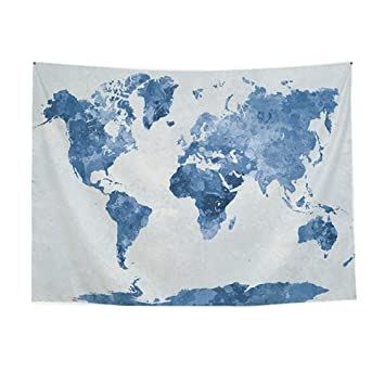 Ewolee World Map Tapestry, Blue Watercolor Printed Wall Hanging Abstract Art Splatter Painting Map Tapestry for Bedroom Living Room Home Décor(91" L x 71" W)