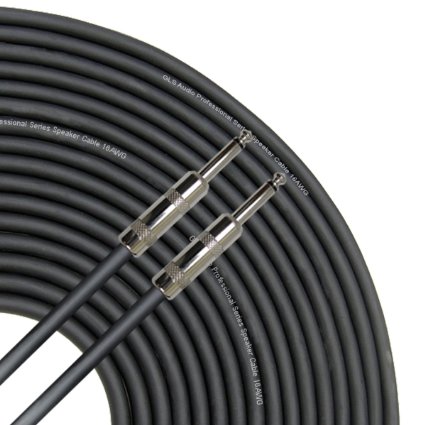 GLS Audio 25 feet Speaker Cable 16AWG Patch Cords - 25 ft 1/4" to 1/4" Professional Speaker Cables Black 16 Gauge Wire - Pro 25' Phono 6.3mm Cord 16G - Single