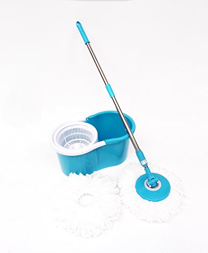 Goplus Microfiber Spining Magic Spin Mop W/bucket 2 Heads Rotating 360° Easy Floor Mop (Blue)